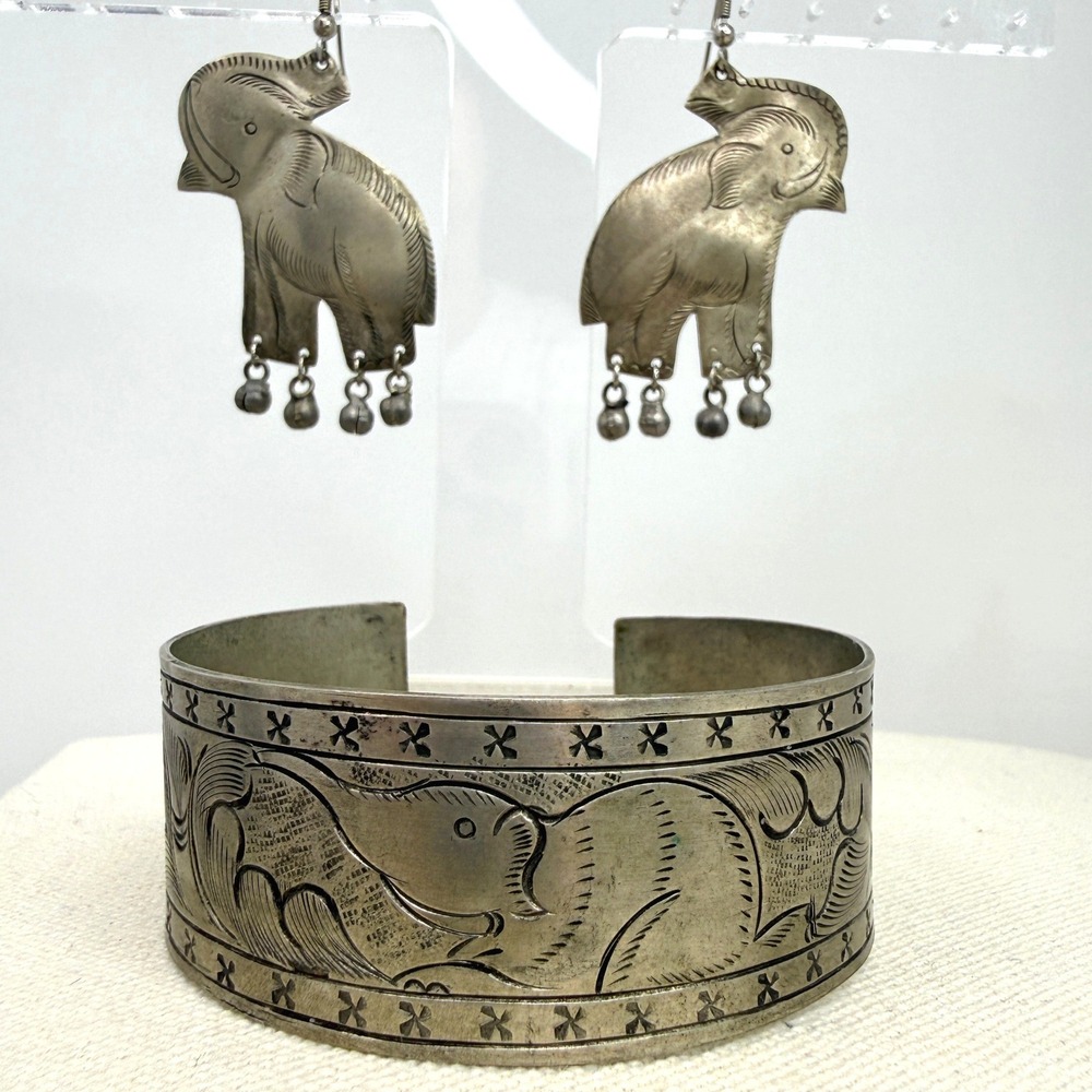Vintage Elephant Etched Cuff Bracelet‎ and Dangle Bell Earrings Silver Tone